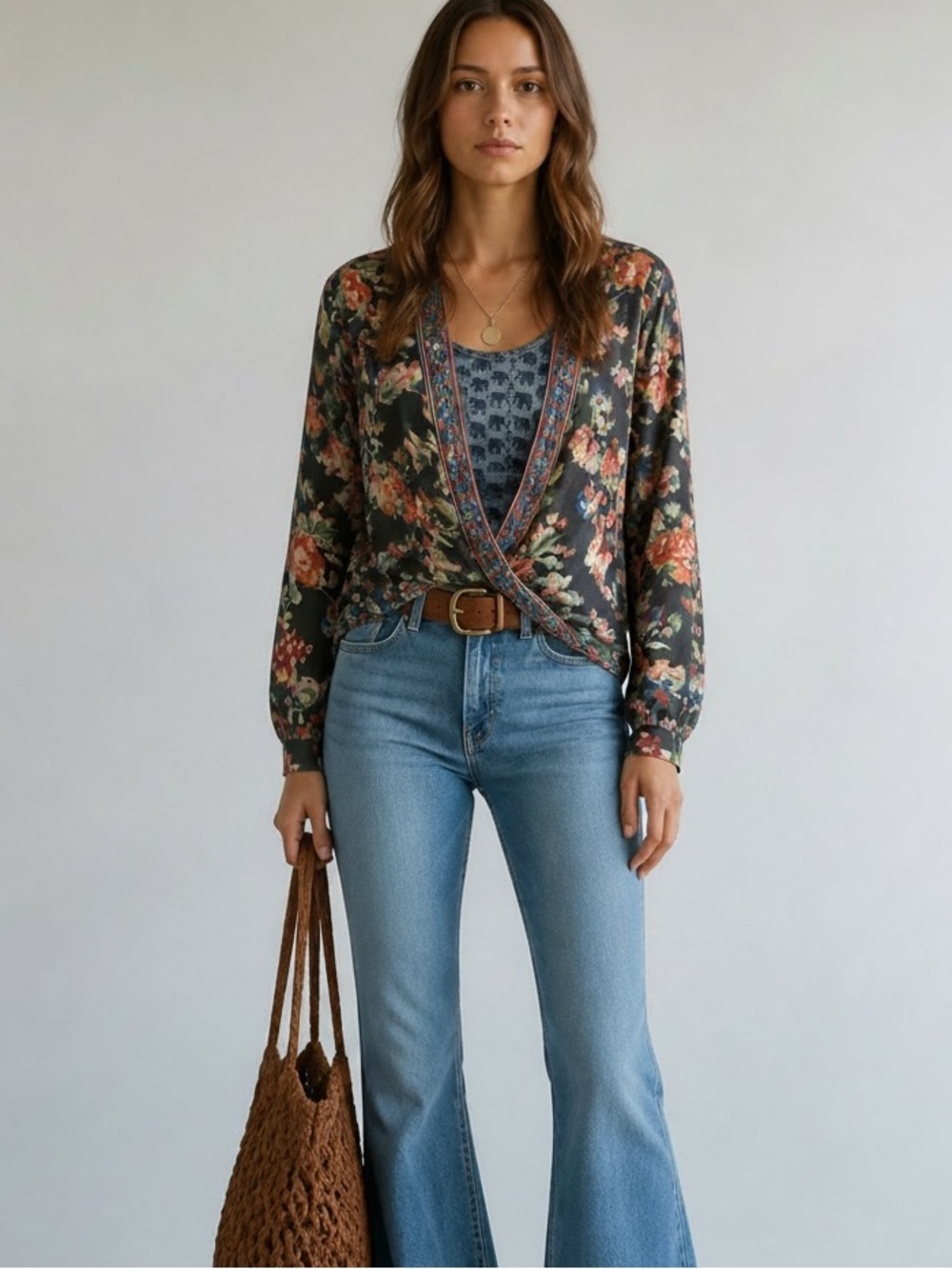 Tolani Pure Silk Floral Boho Twist Hem Blouse Floral Long Sleeve Festive Top